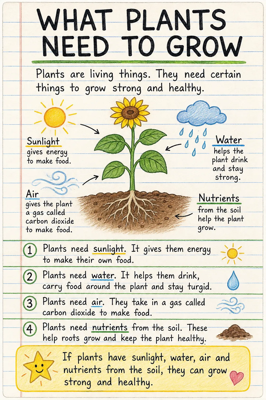 What plants need to grow: an illustrated one-page fact sheet for primary school.