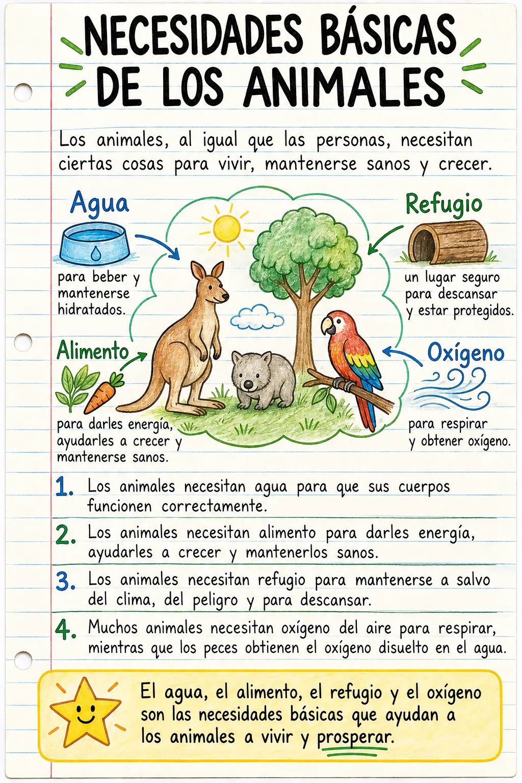 Necesidades básicas de los animales: una ficha informativa ilustrada de una página para primaria.