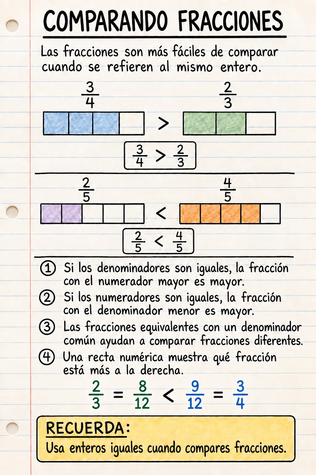 Comparando fracciones: una ficha informativa ilustrada de una página para primaria.