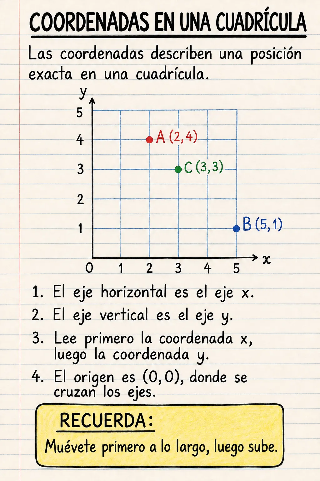 Coordenadas en una cuadrícula: una ficha informativa ilustrada de una página para primaria.