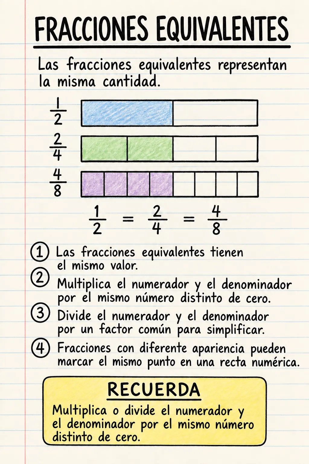 Fracciones equivalentes: una ficha informativa ilustrada de una página para primaria.