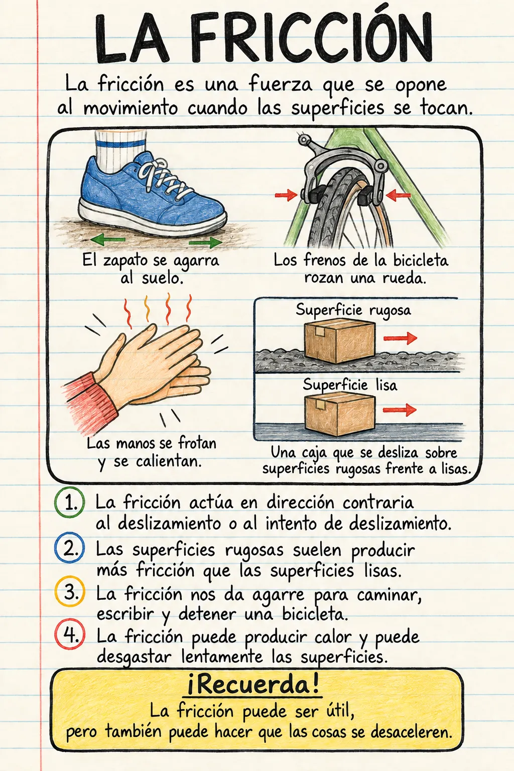 El rozamiento: una ficha informativa ilustrada de una página para primaria.