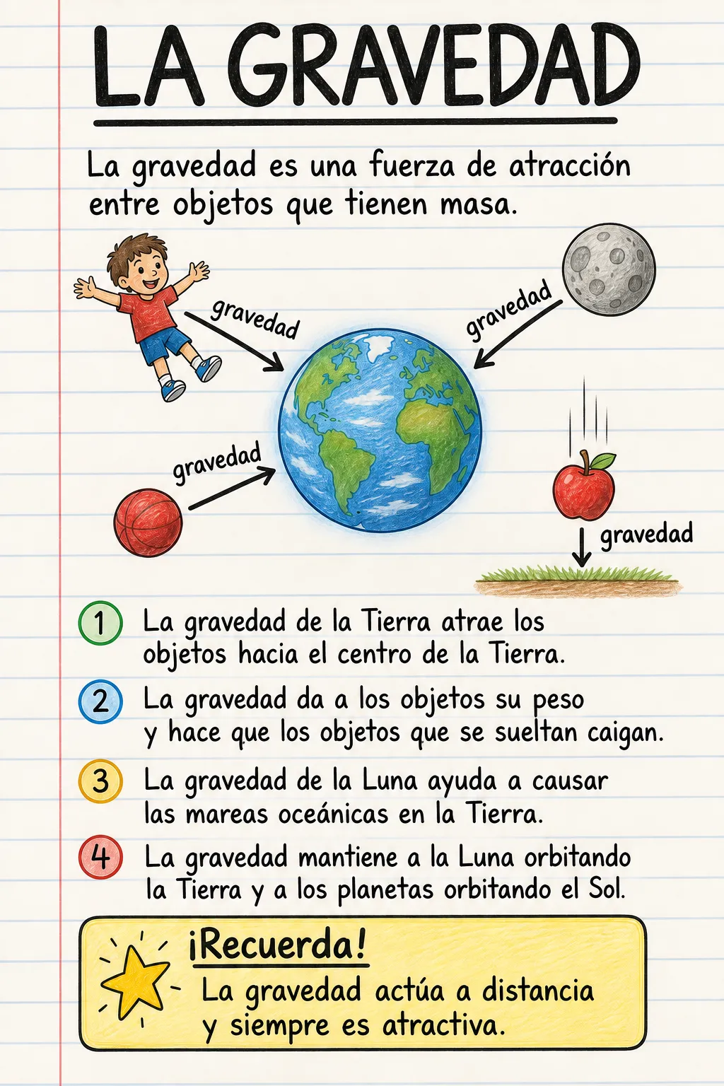 La gravedad: una ficha informativa ilustrada de una página para primaria.