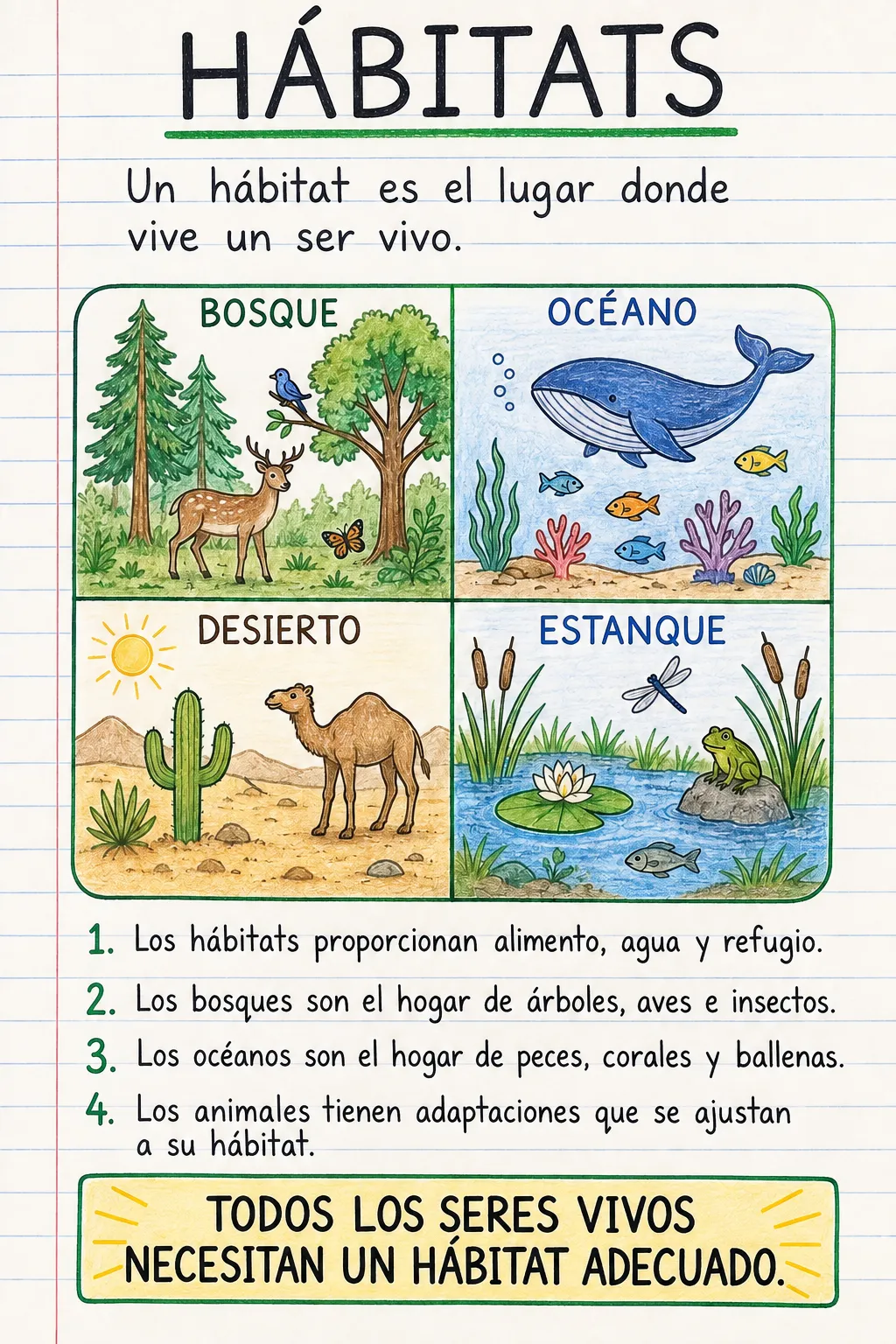 Hábitats: una ficha informativa ilustrada de una página para primaria.