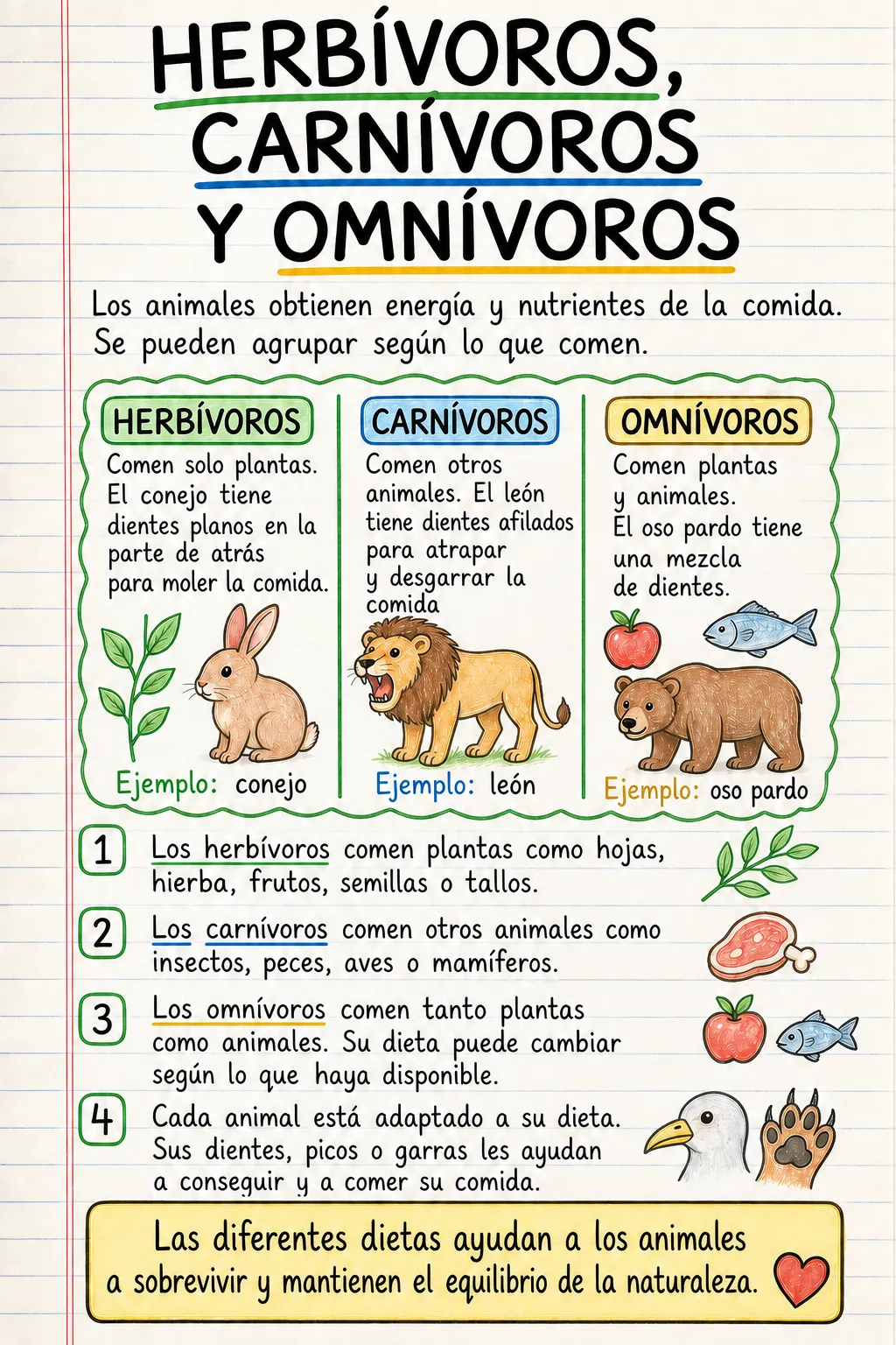 Herbívoros, carnívoros y omnívoros: una ficha informativa ilustrada de una página para primaria.