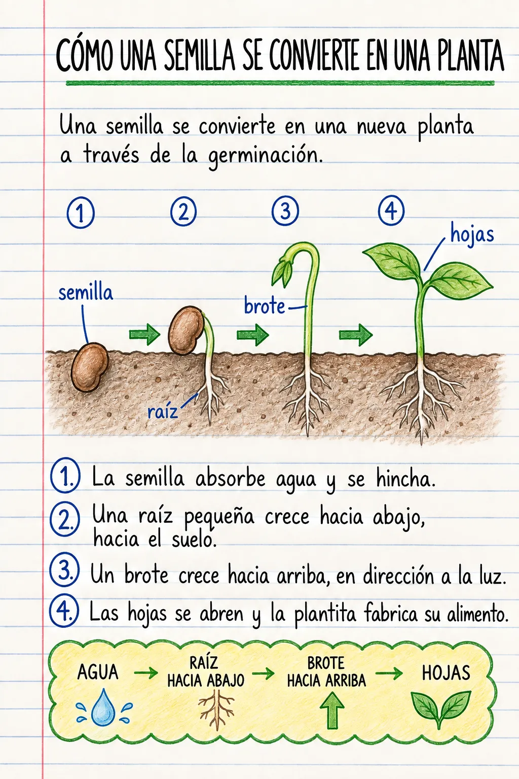 Cómo una semilla se convierte en una planta: una ficha informativa ilustrada de una página para primaria.