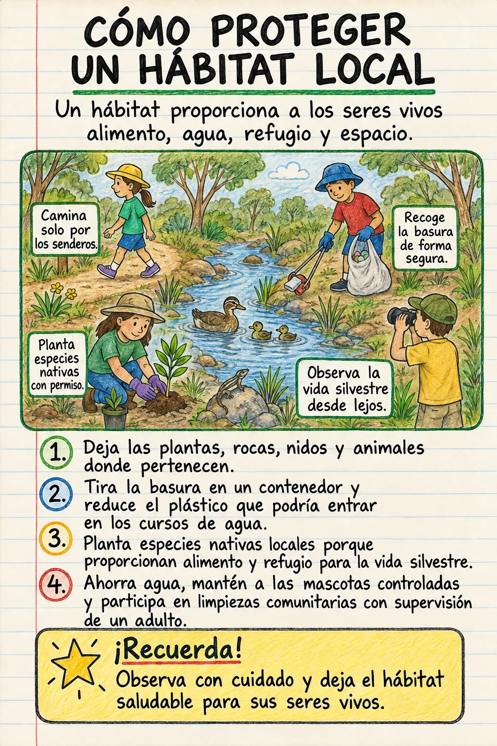 Cómo proteger un hábitat local: una ficha informativa ilustrada de una página para primaria.
