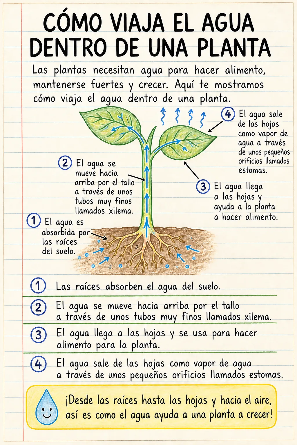 Cómo viaja el agua dentro de una planta: una ficha informativa ilustrada de una página para primaria.