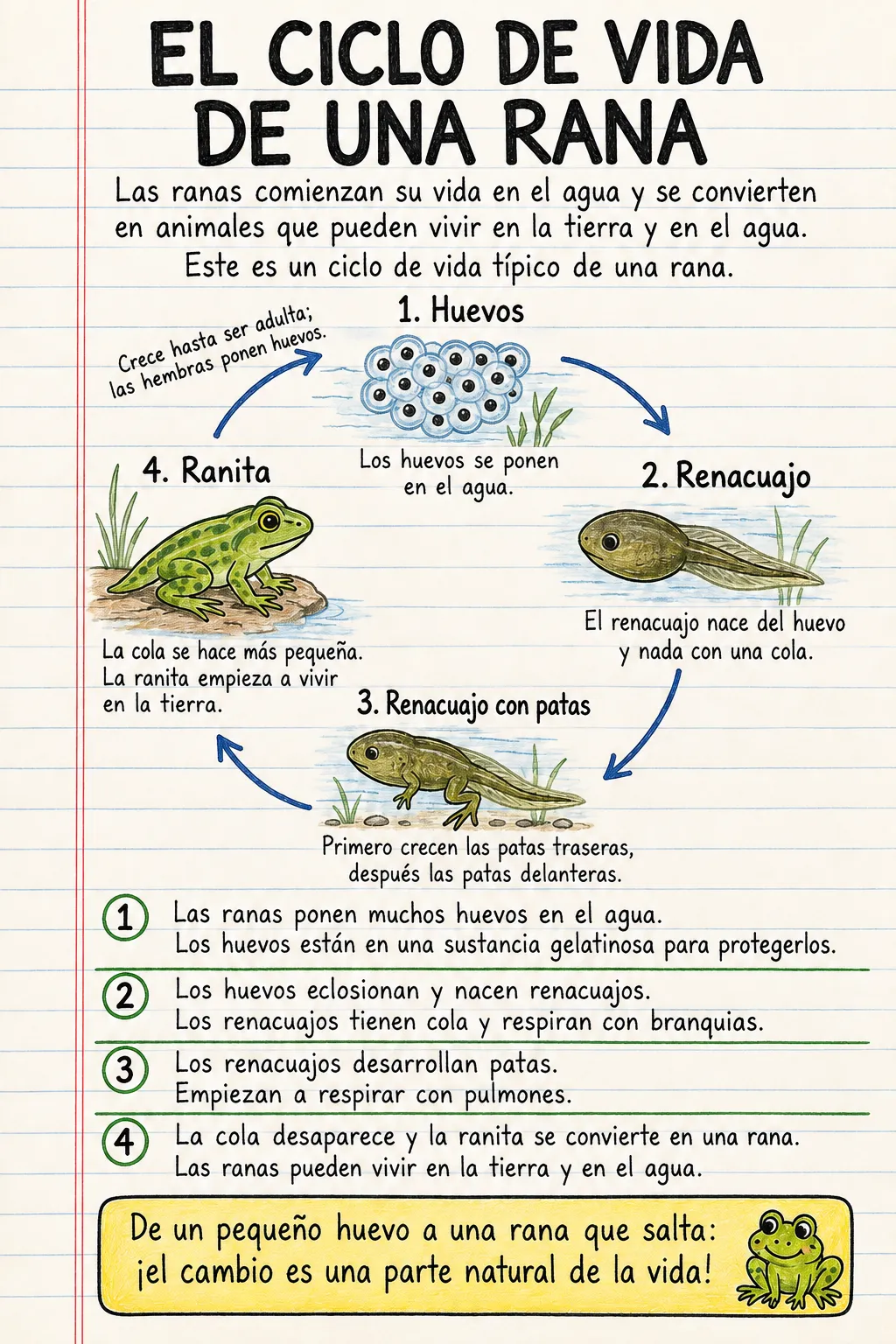 El ciclo de vida de una rana: una ficha informativa ilustrada de una página para primaria.