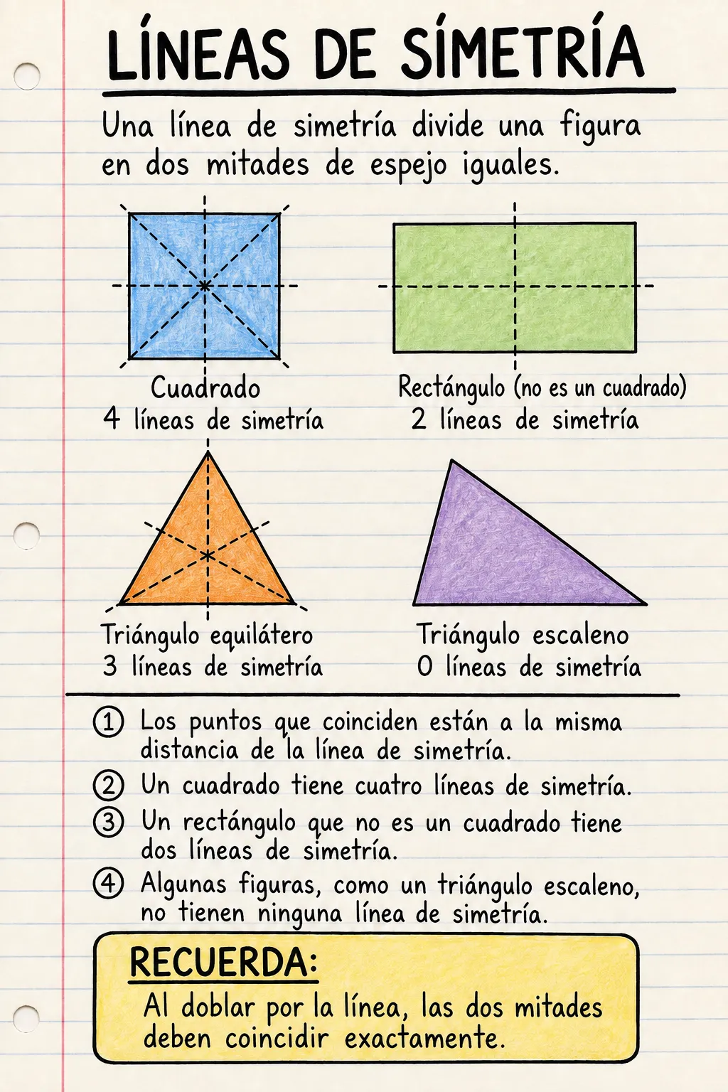 Ejes de simetría: una ficha informativa ilustrada de una página para primaria.