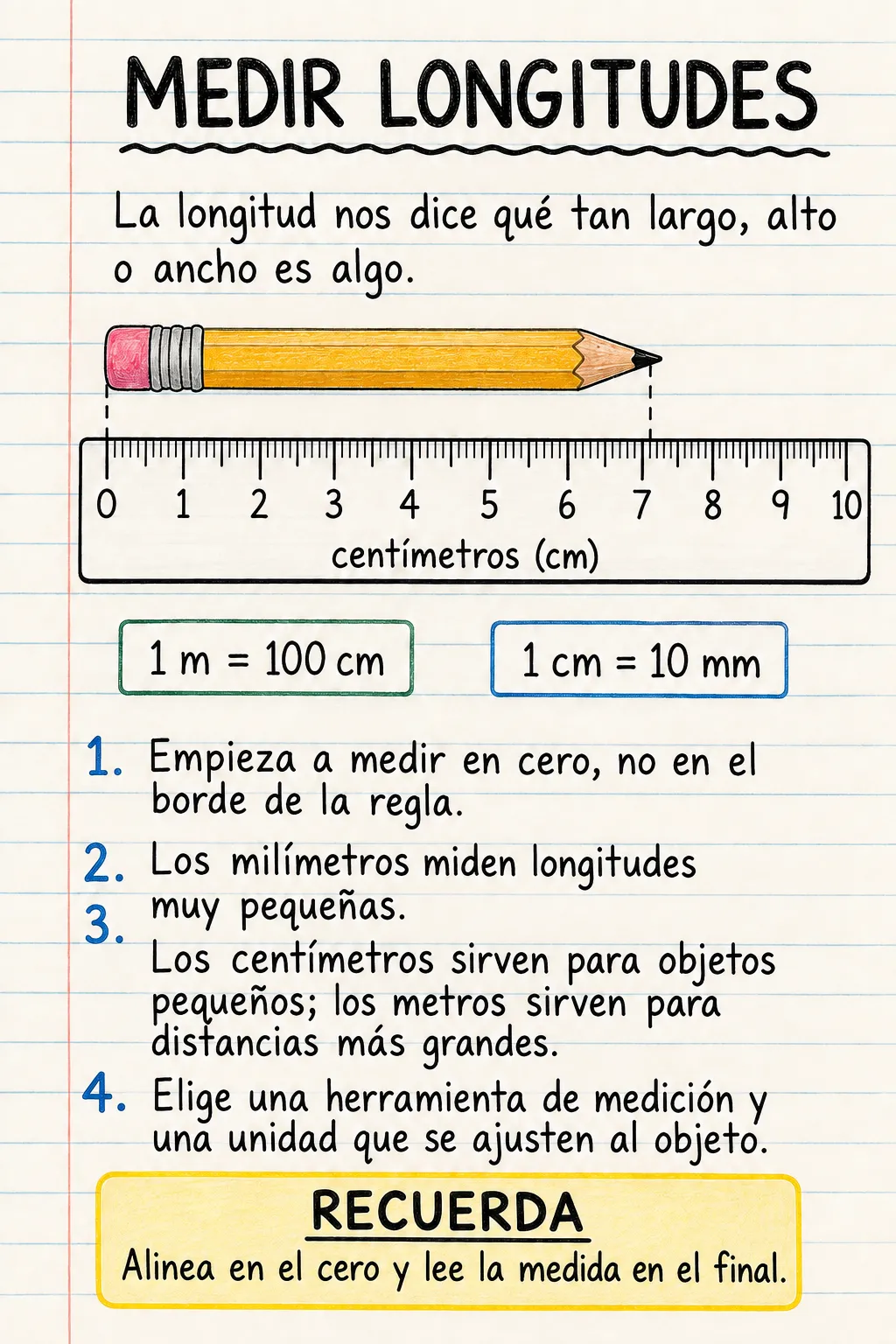 Medir longitudes: una ficha informativa ilustrada de una página para primaria.