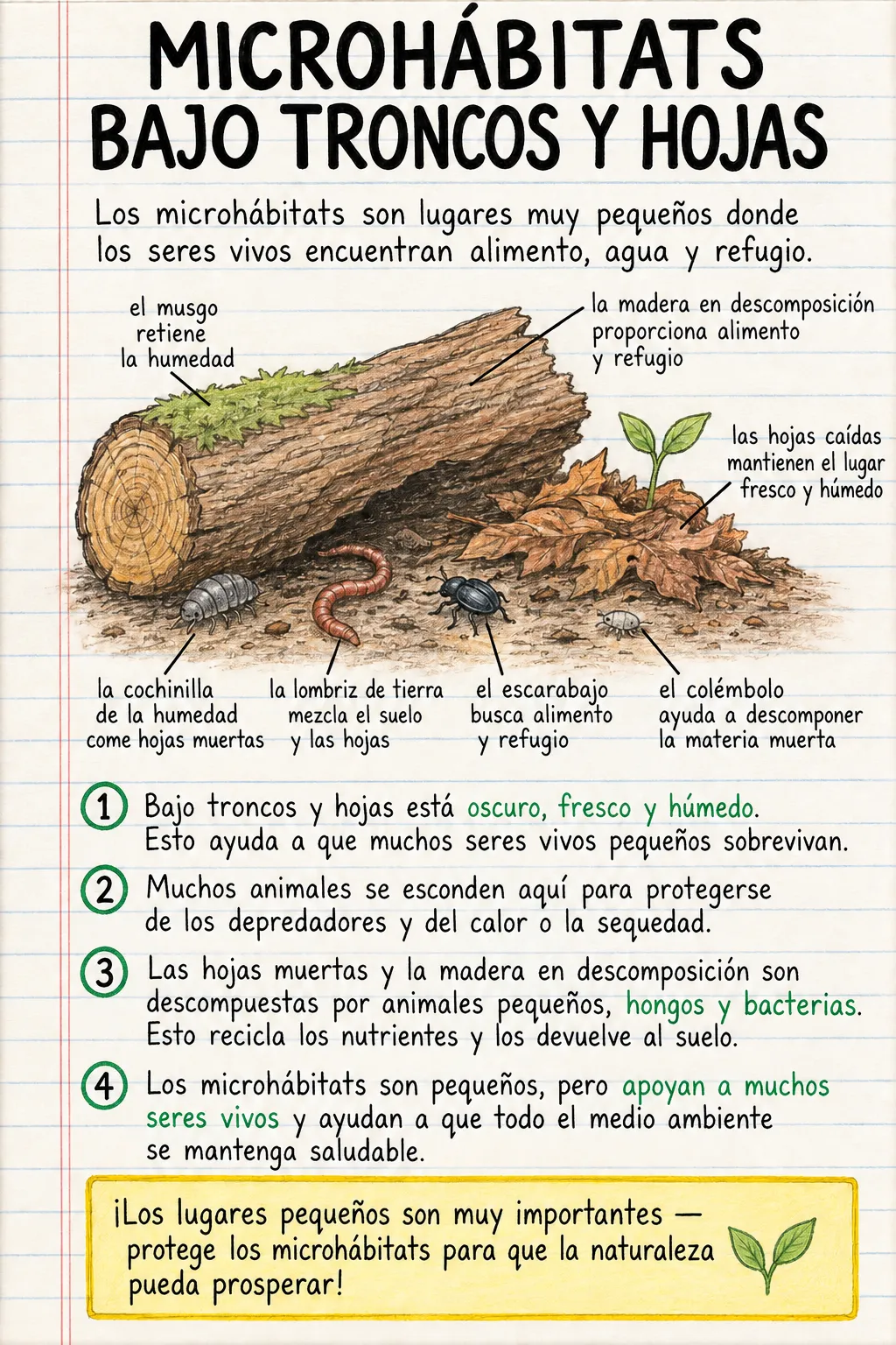 Microhábitats bajo troncos y hojas: una ficha informativa ilustrada de una página para primaria.