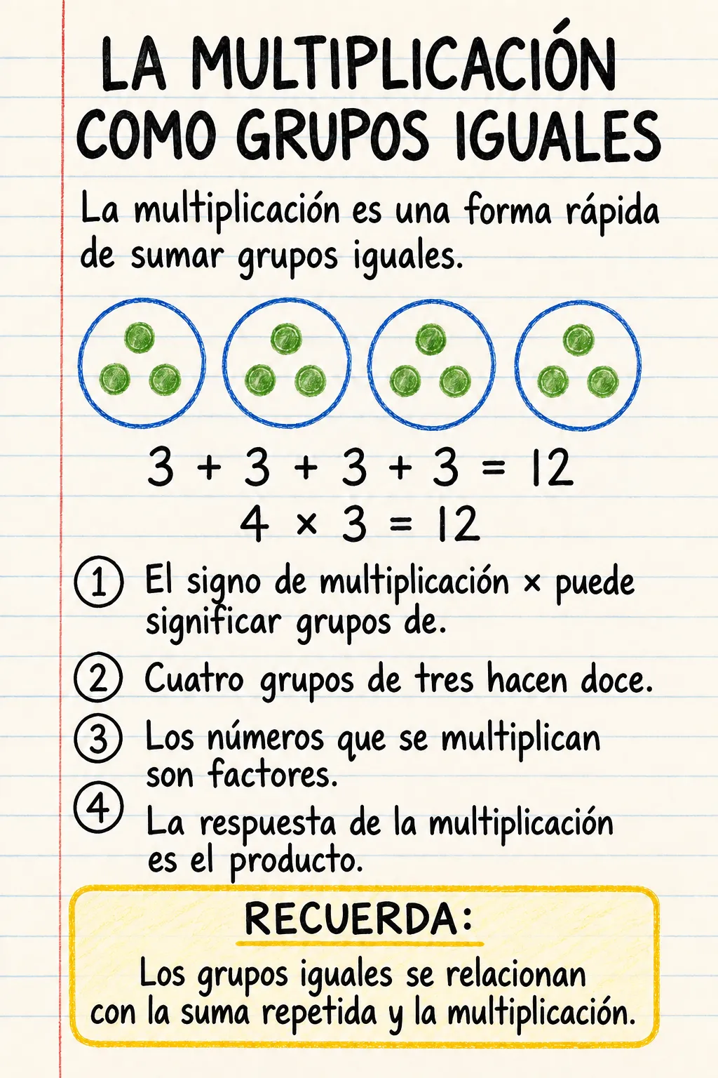 La multiplicación como grupos iguales: una ficha informativa ilustrada de una página para primaria.
