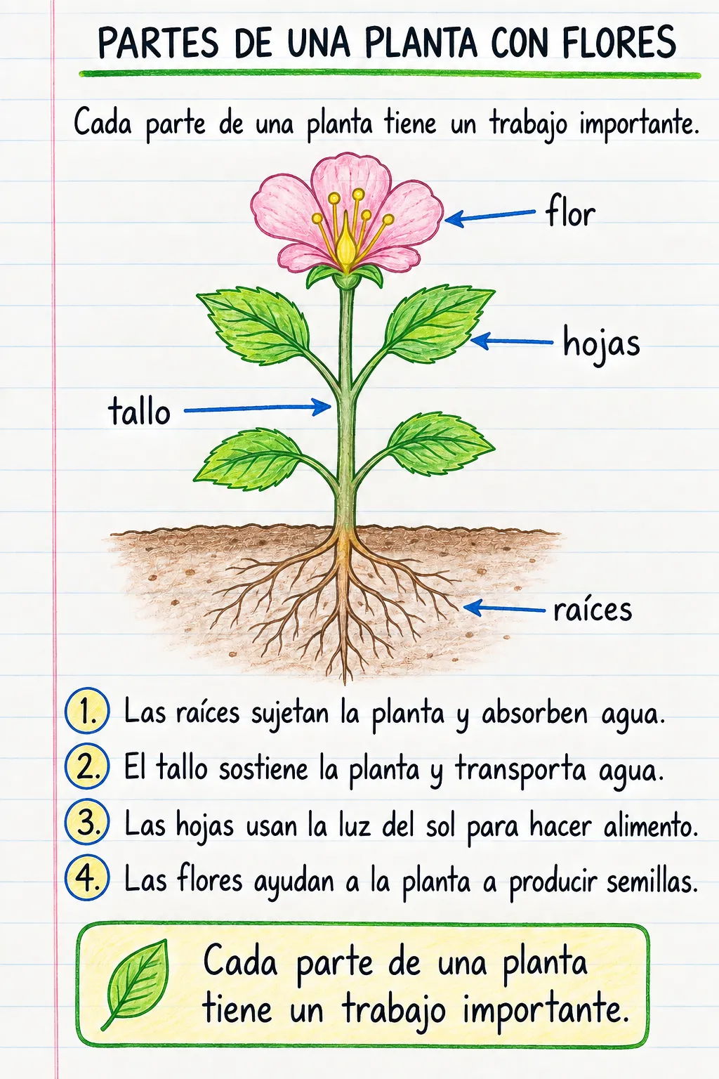 Partes de una planta con flores: una ficha informativa ilustrada de una página para primaria.