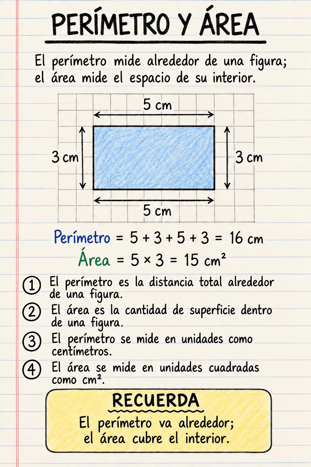 Perímetro y área: una ficha informativa ilustrada de una página para primaria.