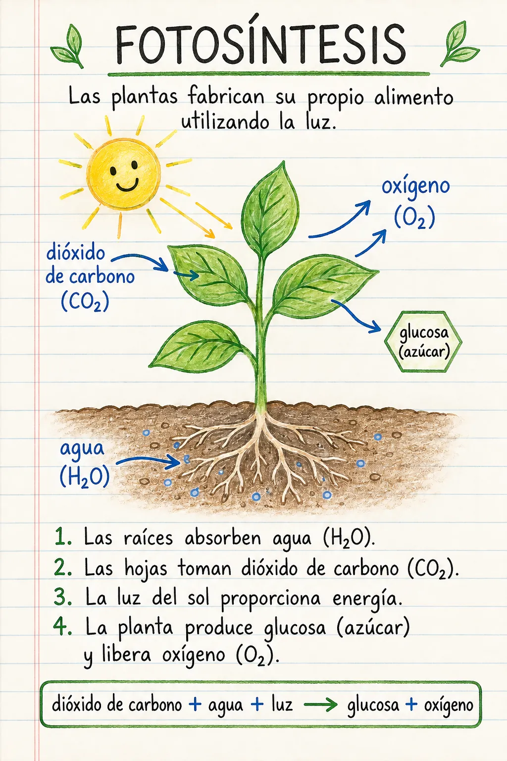 Fotosíntesis: una ficha informativa ilustrada de una página para primaria.