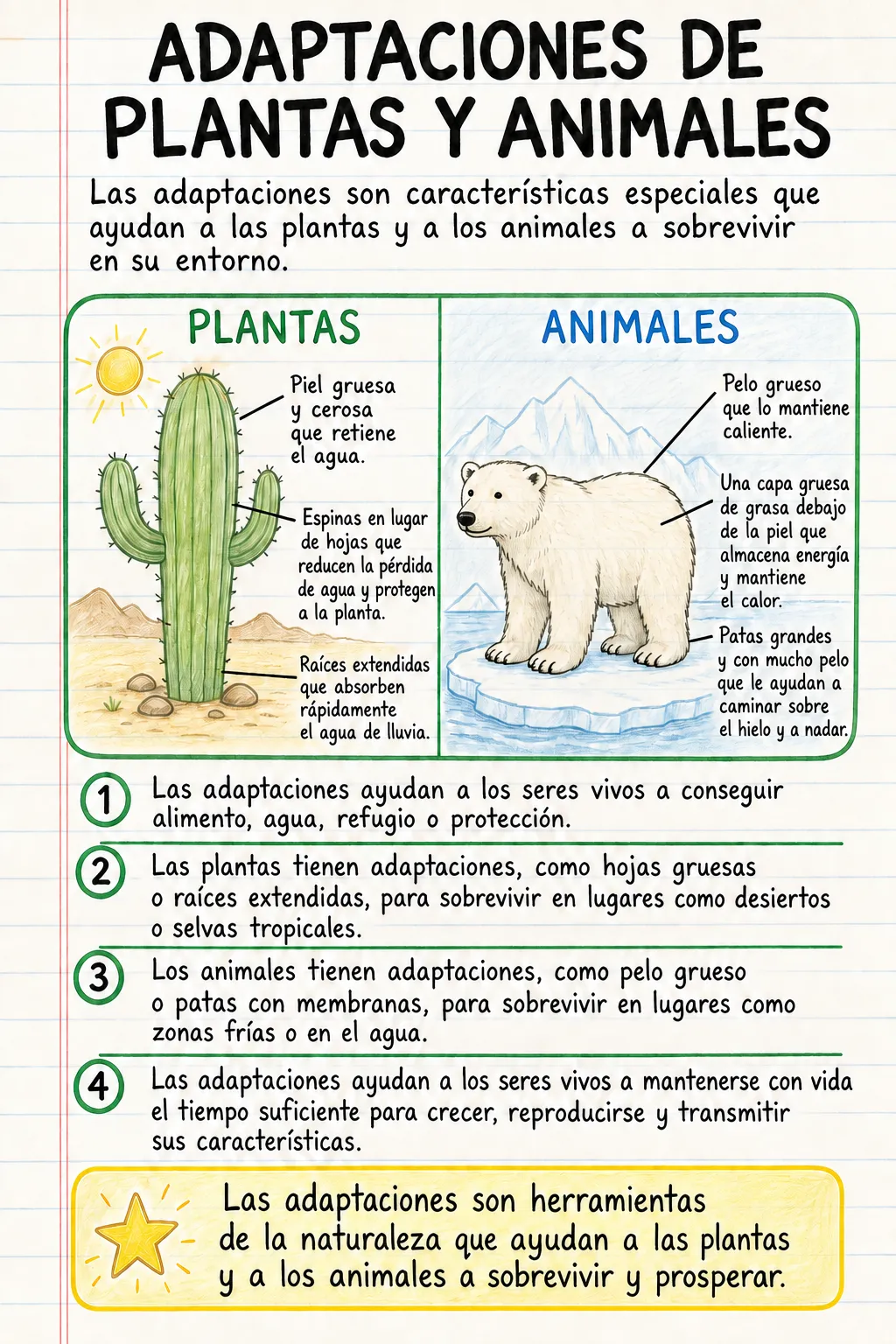 Adaptaciones de plantas y animales: una ficha informativa ilustrada de una página para primaria.