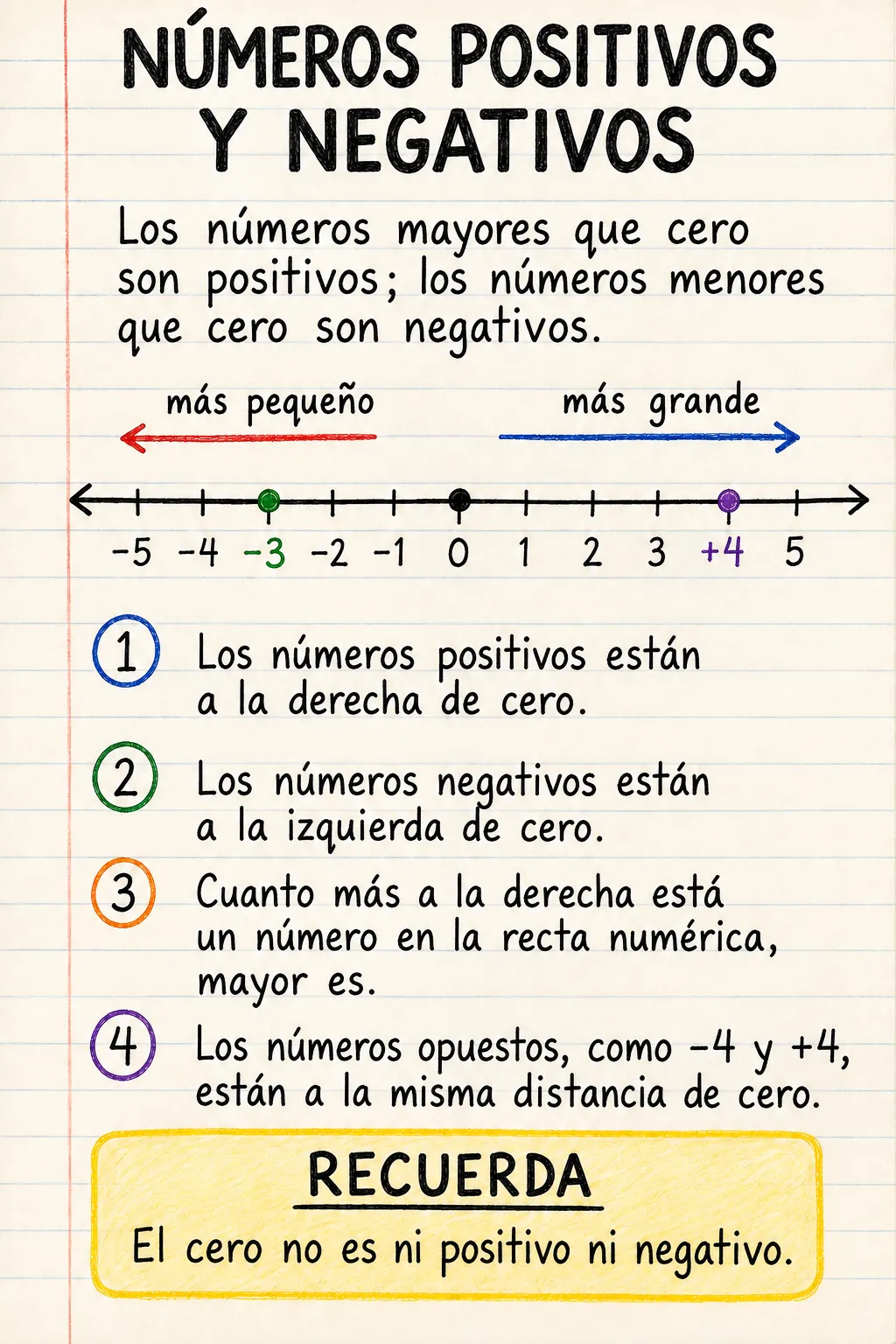 Números positivos y negativos: una ficha informativa ilustrada de una página para primaria.