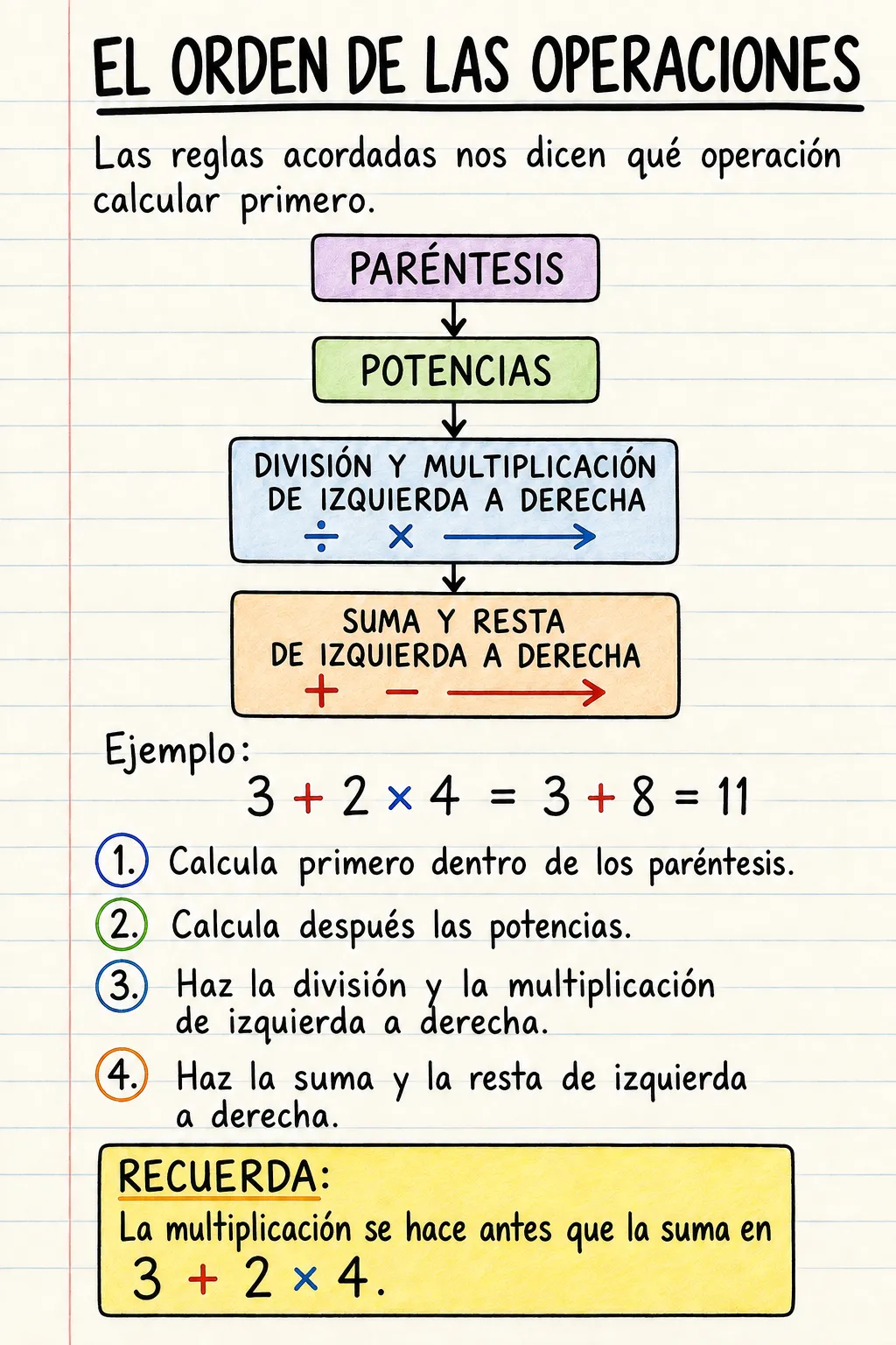 El orden de las operaciones: una ficha informativa ilustrada de una página para primaria.
