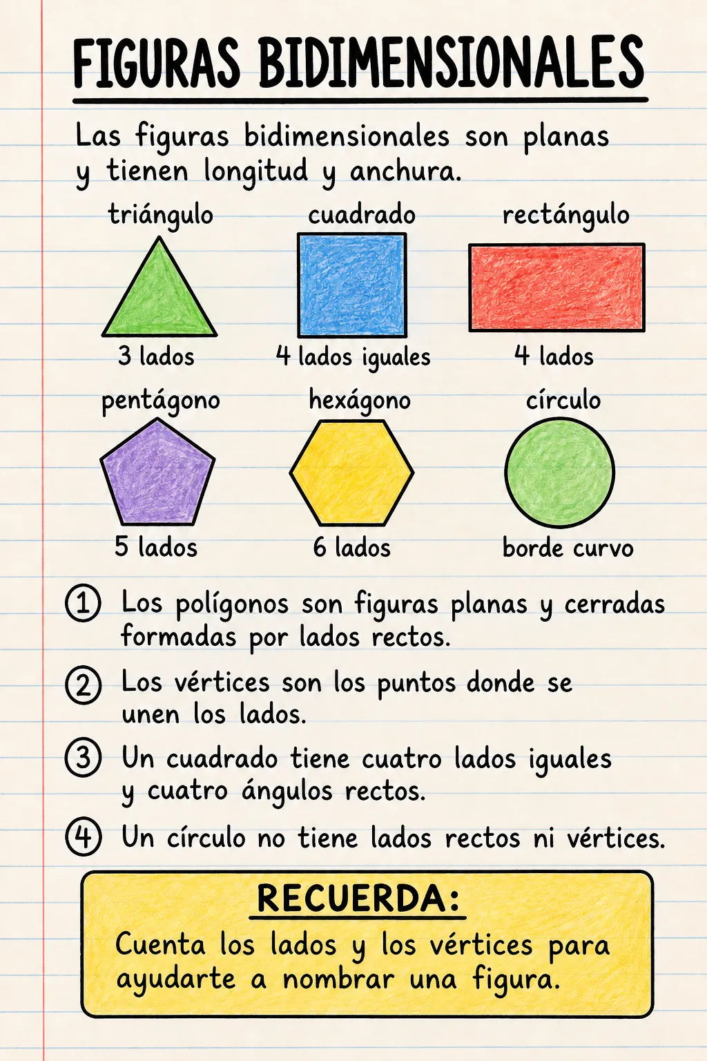 Figuras planas: una ficha informativa ilustrada de una página para primaria.
