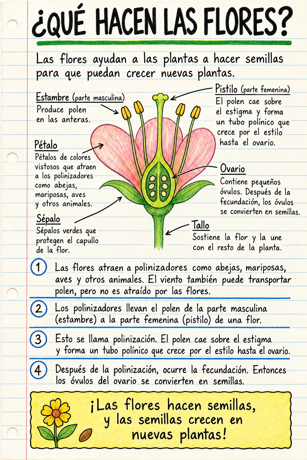 ¿Qué hacen las flores?: una ficha informativa ilustrada de una página para primaria.