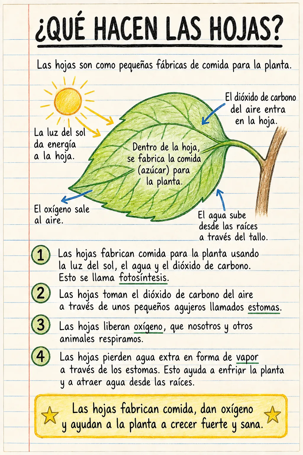 ¿Qué hacen las hojas?: una ficha informativa ilustrada de una página para primaria.