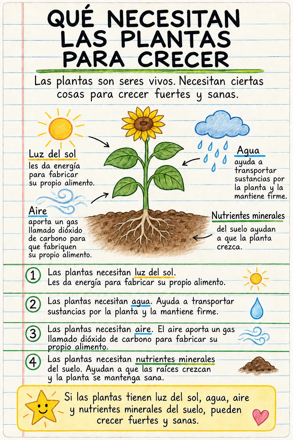 Qué necesitan las plantas para crecer: una ficha informativa ilustrada de una página para primaria.