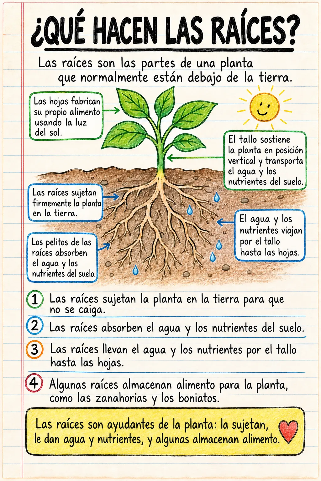 ¿Qué hacen las raíces?: una ficha informativa ilustrada de una página para primaria.