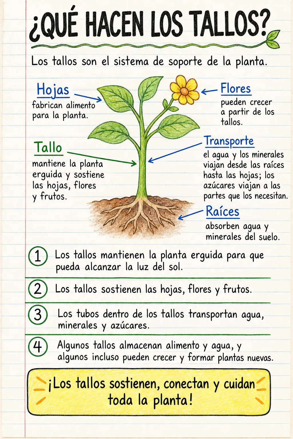 ¿Qué hacen los tallos?: una ficha informativa ilustrada de una página para primaria.