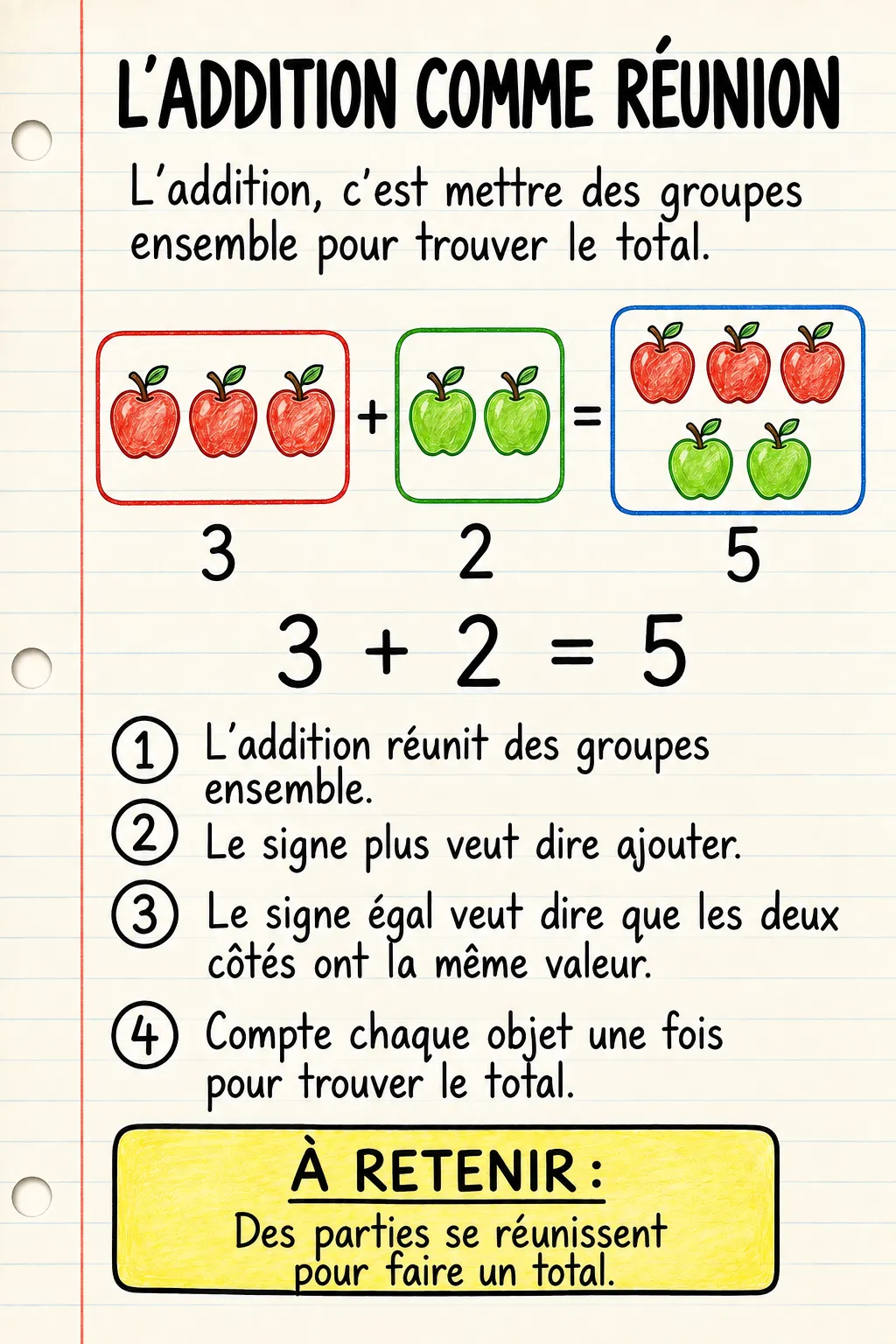 L’addition comme réunion : une fiche mémo illustrée d’une page pour le primaire.