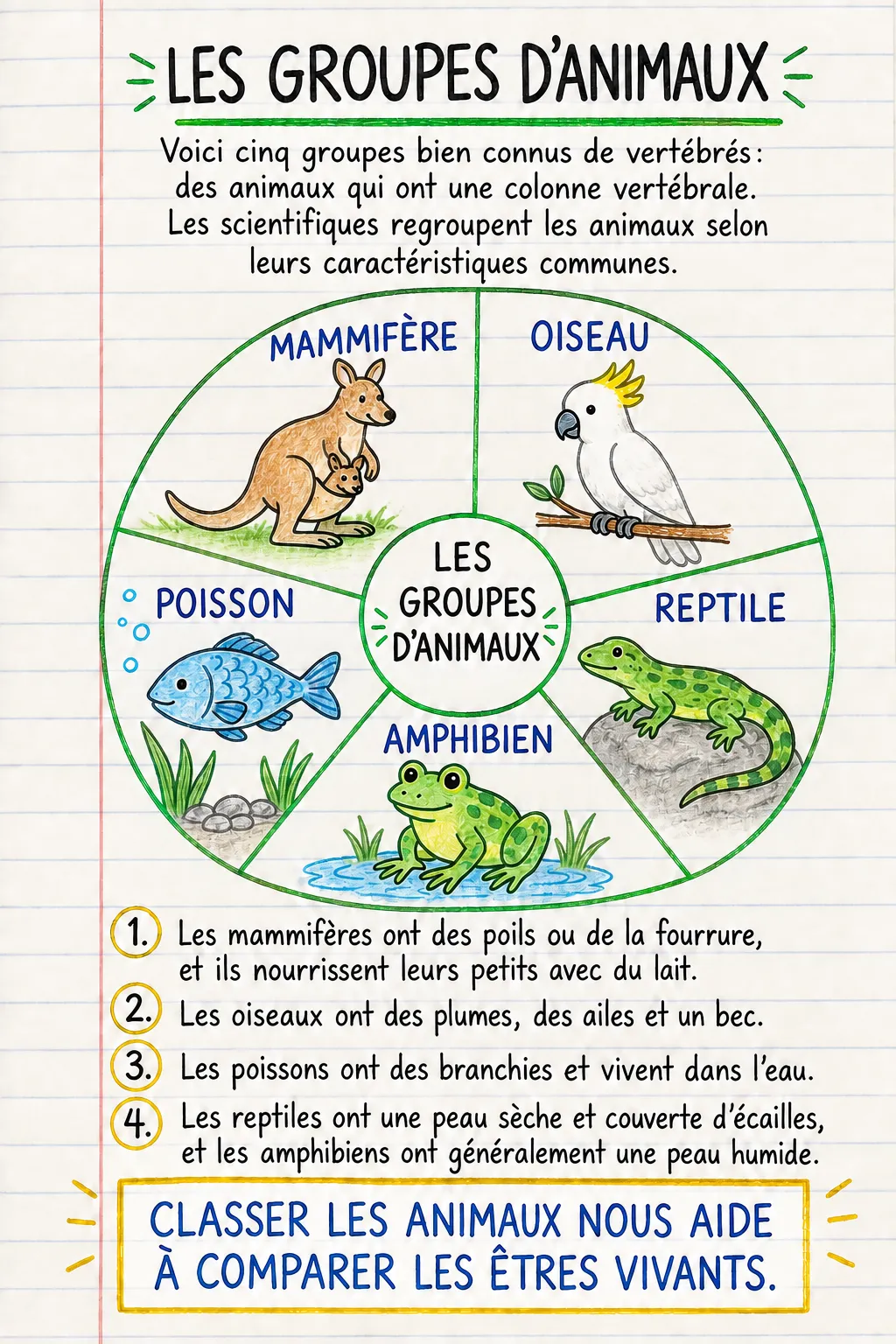 Les groupes d’animaux : une fiche mémo illustrée d’une page pour le primaire.