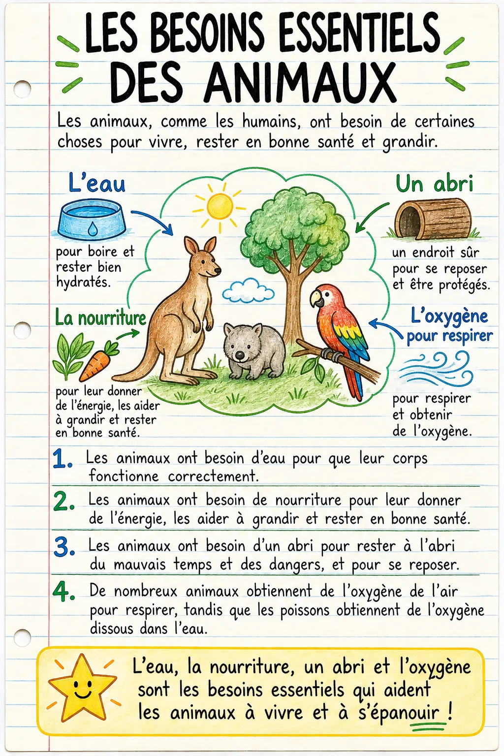 Les besoins essentiels des animaux : une fiche mémo illustrée d’une page pour le primaire.
