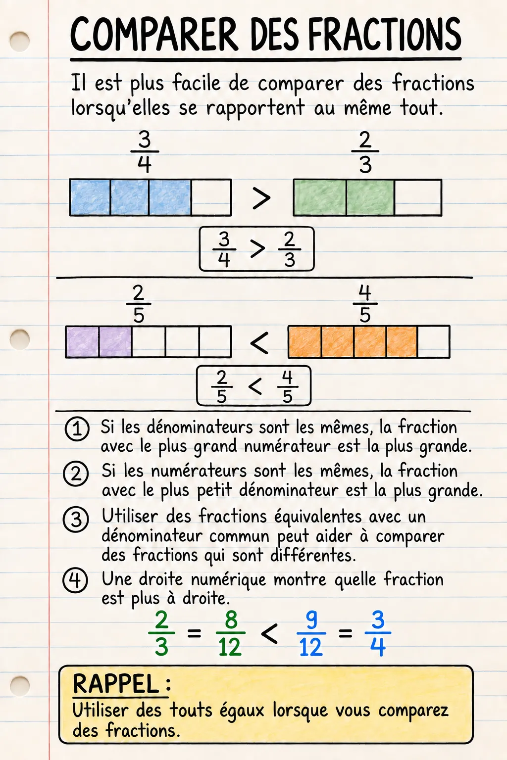 Comparer des fractions : une fiche mémo illustrée d’une page pour le primaire.