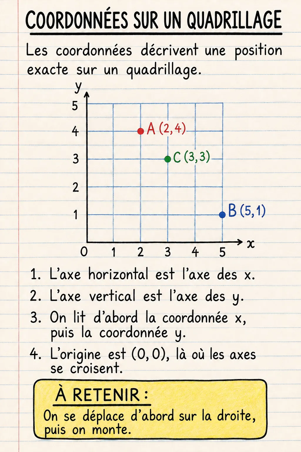 Les coordonnées dans un quadrillage : une fiche mémo illustrée d’une page pour le primaire.