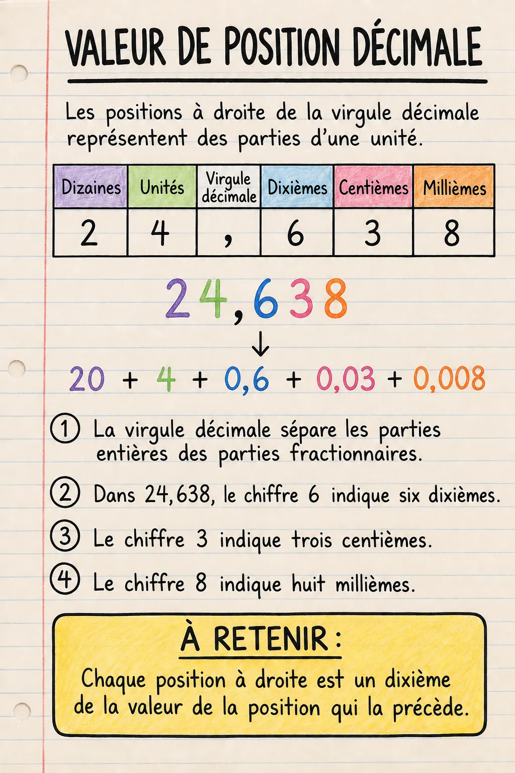 Valeur de position décimale : une fiche mémo illustrée d’une page pour le primaire.