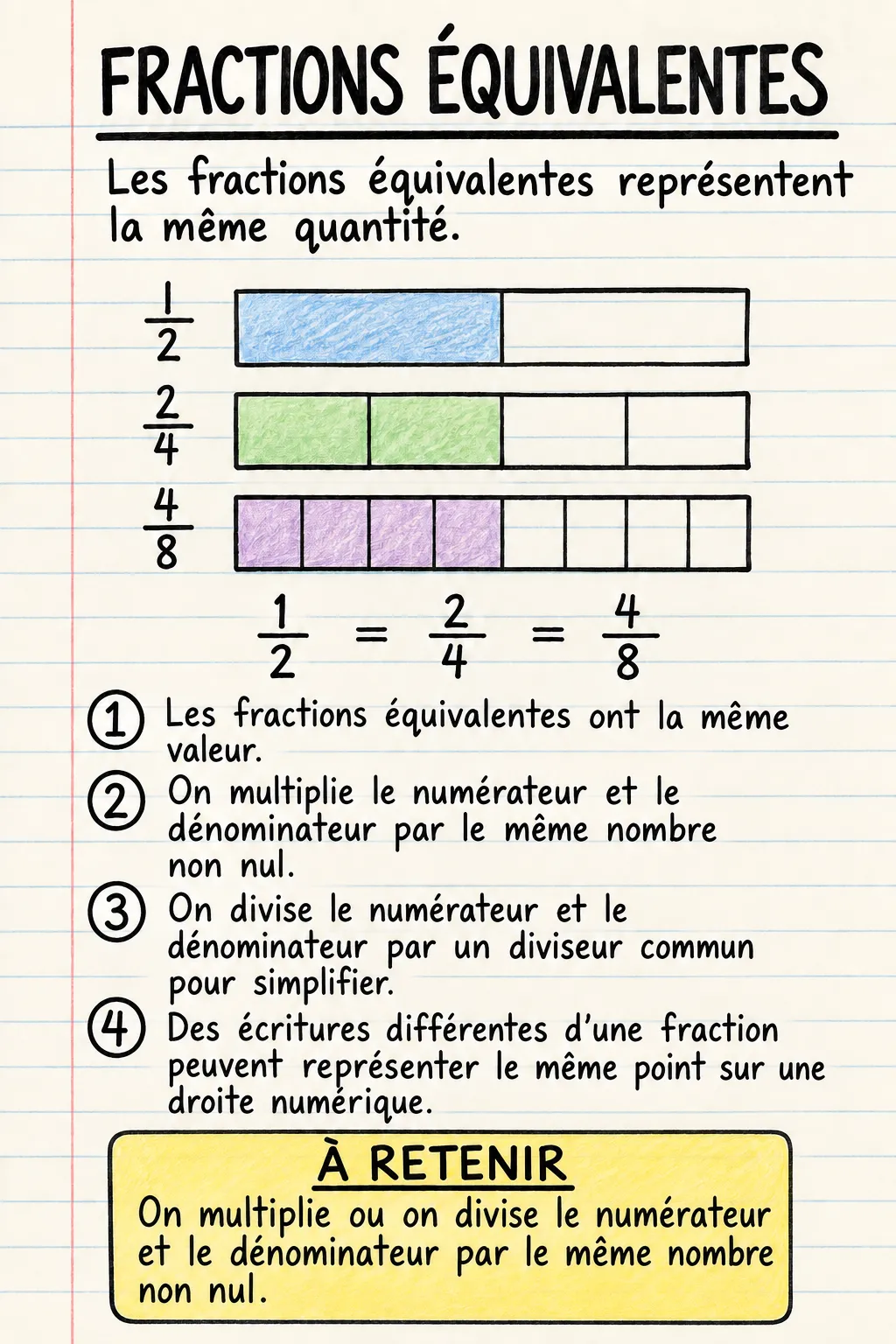 Fractions équivalentes : une fiche mémo illustrée d’une page pour le primaire.