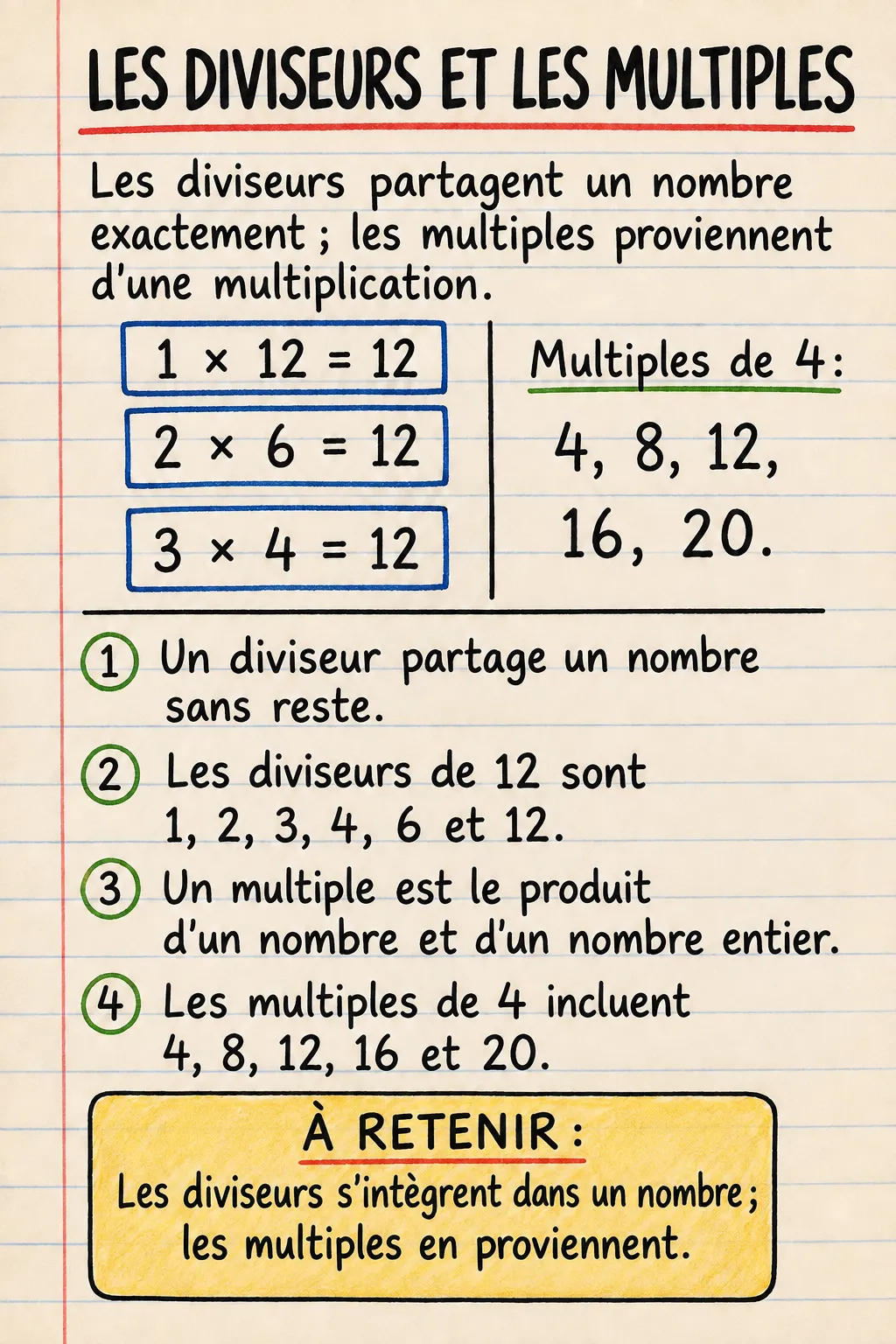 Les diviseurs et les multiples : une fiche mémo illustrée d’une page pour le primaire.
