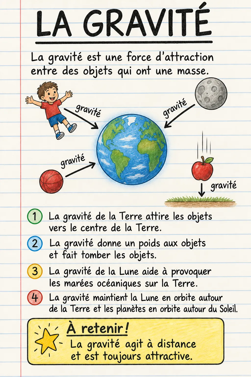 La gravité : une fiche mémo illustrée d’une page pour le primaire.