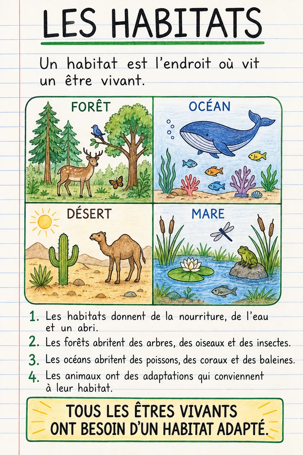 Les habitats : une fiche mémo illustrée d’une page pour le primaire.