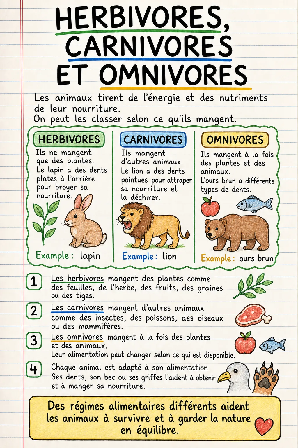 Herbivores, carnivores et omnivores : une fiche mémo illustrée d’une page pour le primaire.