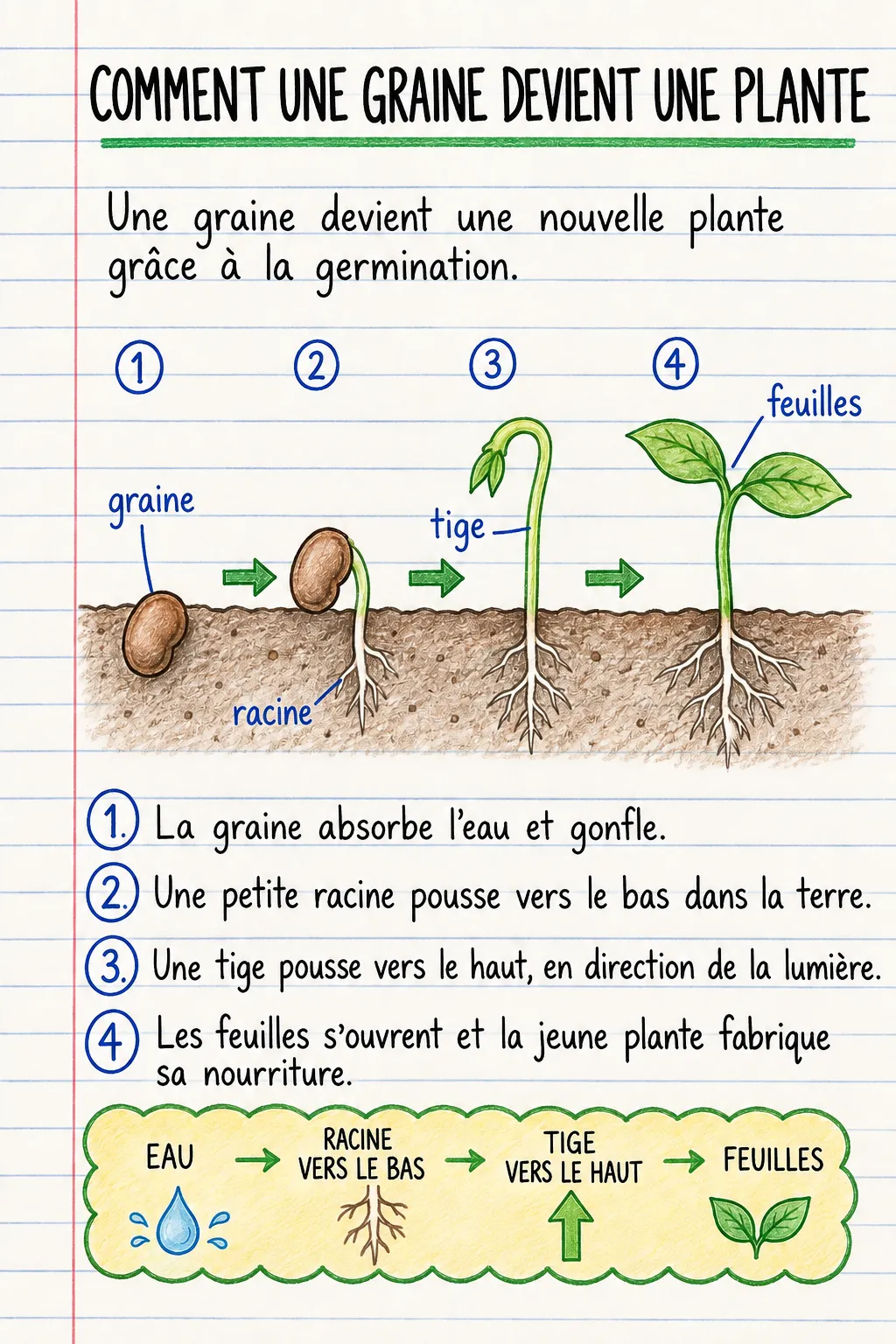 Comment une graine devient une plante : une fiche mémo illustrée d’une page pour le primaire.