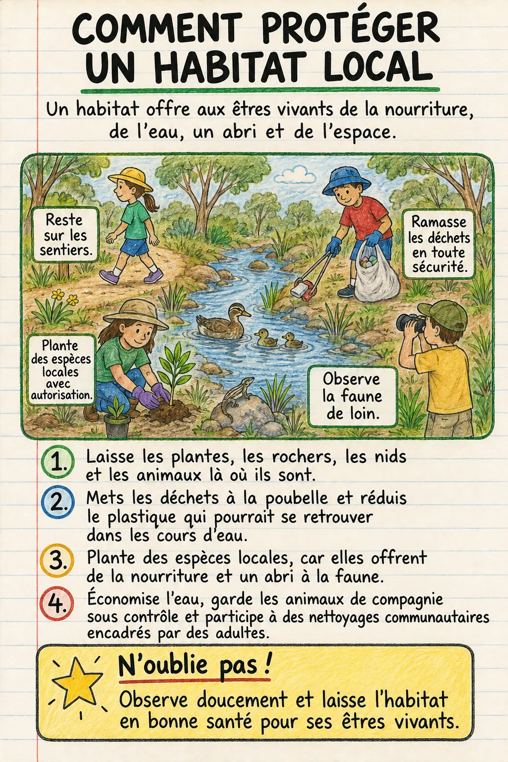 Comment protéger un habitat local : une fiche mémo illustrée d’une page pour le primaire.