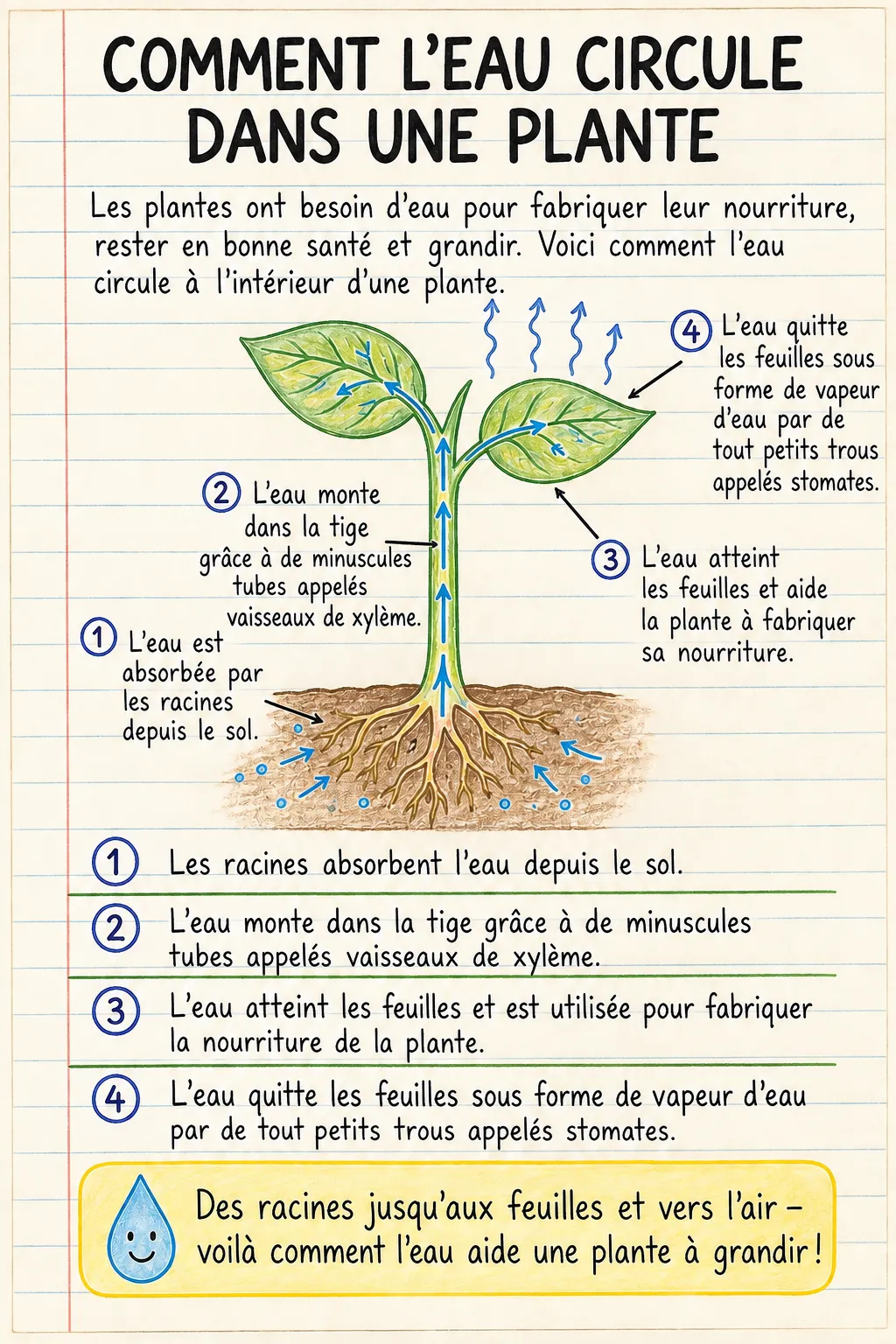 Comment l’eau circule dans une plante : une fiche mémo illustrée d’une page pour le primaire.