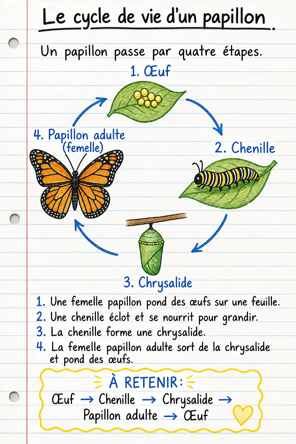 Le cycle de vie d’un papillon : une fiche mémo illustrée d’une page pour le primaire.