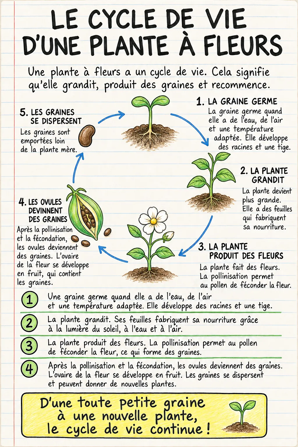 Le cycle de vie d’une plante à fleurs : une fiche mémo illustrée d’une page pour le primaire.