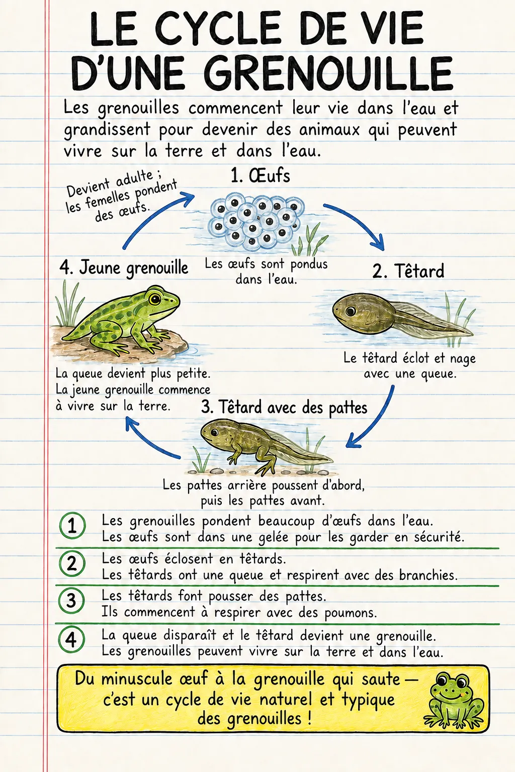 Le cycle de vie d’une grenouille : une fiche mémo illustrée d’une page pour le primaire.