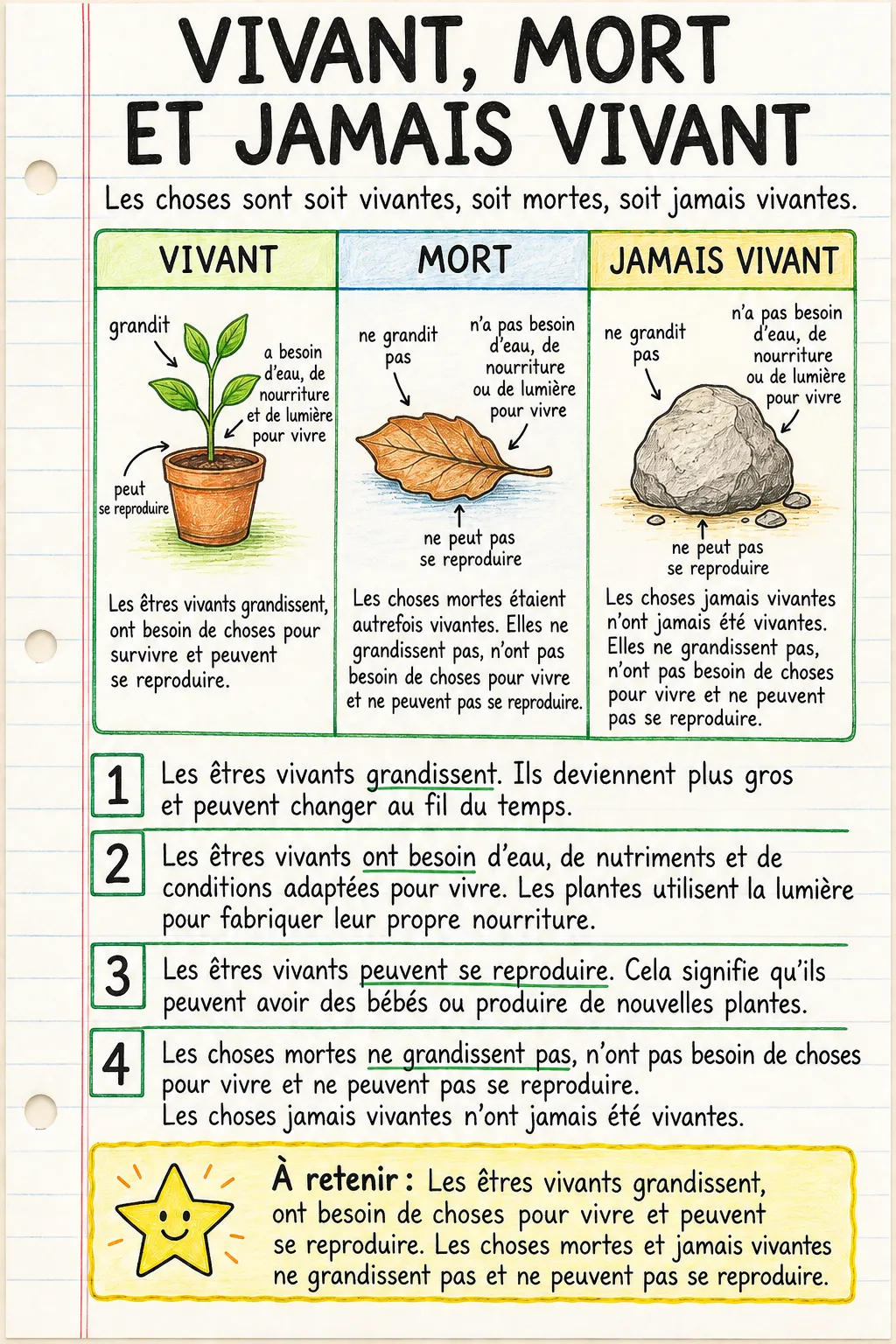 Vivant, mort et jamais vivant : une fiche mémo illustrée d’une page pour le primaire.