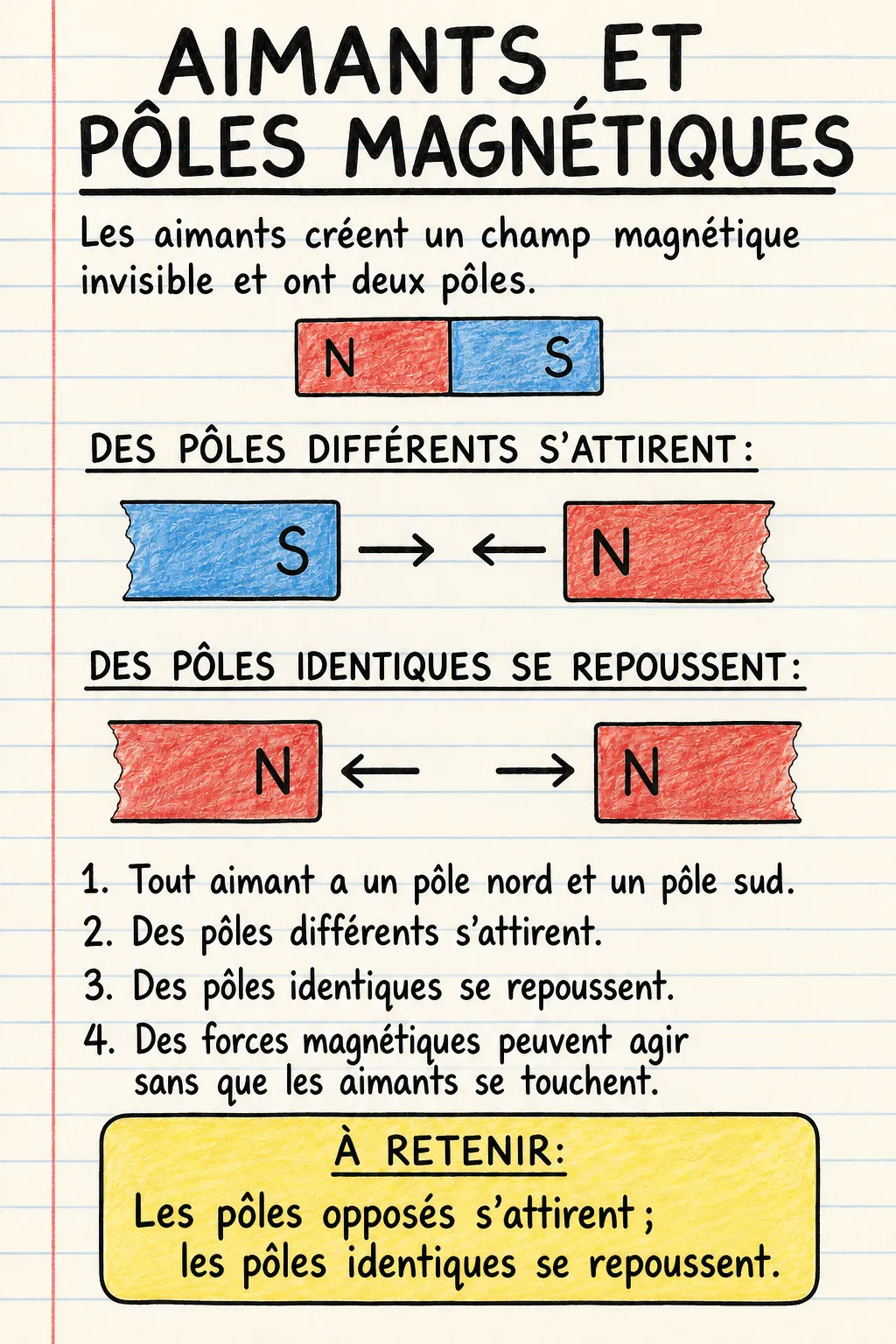 Les aimants et les pôles magnétiques : une fiche mémo illustrée d’une page pour le primaire.