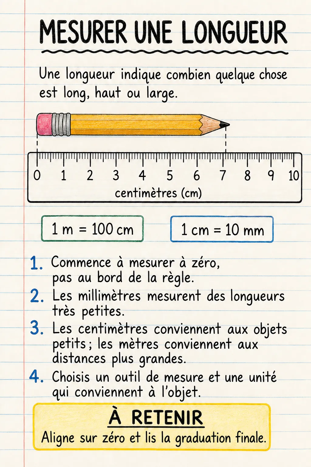 Mesurer des longueurs : une fiche mémo illustrée d’une page pour le primaire.