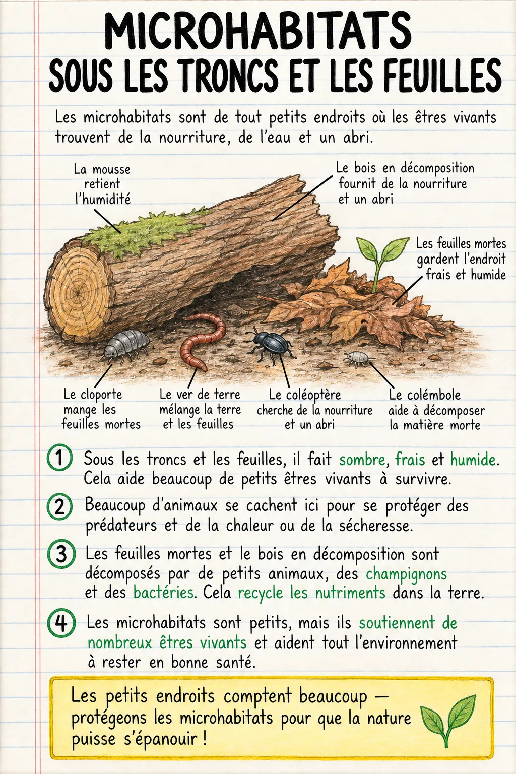 Microhabitats sous les troncs et les feuilles : une fiche mémo illustrée d’une page pour le primaire.